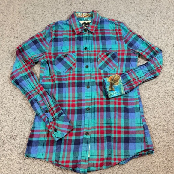 Pladra Tops - Pladra Womens Flannel Shirt Small Plaid Teal Red Fish Print Lining Made in USA